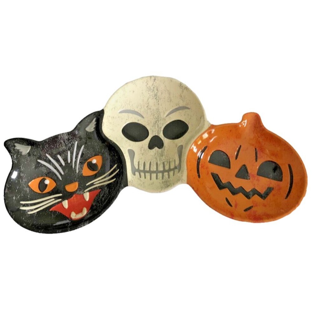 Halloween Divided Snack Tray Dish Melamine Black Cat Skull Pumpkin Trio Plate